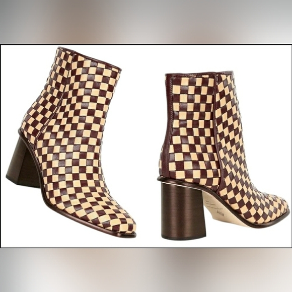AM 6 Designer Checkered Braided Woven Leather Block Heel Boots - Picture 2 of 4